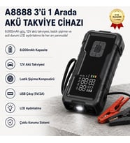 A8888 8.000mAh Akü Takviye Cihazı ve Lastik Hava Kompresörü Araç Şarj Takviye Pompası