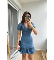 Neşeli butik kadın volan etekli puf kollu v yaka mini kot elbise NBNP006 (Mavi)