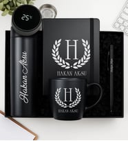 BK Gift Kişiye Özel Siyah Dereceli Termos, Defter, Kupa ve Tükenmez Kalem Hediye Seti-1  Babalar Günü Hediyesi, Yeni İş Hediyesi, Öğretmene Hediye