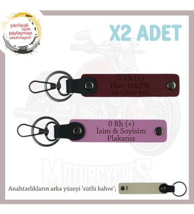 Motorcuya İsim Plaka ve 0 Rh (+) Kan Grubu Yazılı Anlamlı Hediye, Deri x2 Anahtarlık, Pembe-Bordo-SK (Çok Renkli)
