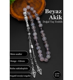 Beyaz Akik Doğal Taş Tesbih Erkek Akik Tesbih BT050 (Siyah - Beyaz)