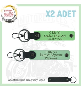 Motosiklet Aşıklarına Özel, İsim Plaka ve 0 Rh (+) Kan Grubu Yazılı x2 Anahtarlık, Yeşil-F Yeşil-Syh (Çok Renkli)