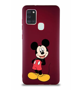 Samsung Galaxy A21S Soft Premier Kapak Mickey Mouse-B Tasarımlı Silikon Kılıf - Mürdüm (Şeffaf)