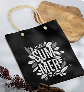 BK Gift Yaz Temalı Siyah Halat Saplı Kumaş Plaj Çantası -1, Baskılı Omuz Çantası, Alışveriş Çantası, Arkadaşa Hediye, Sevgiliye Hediye