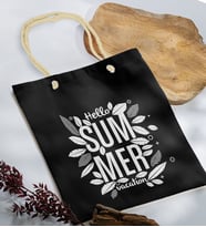 BK Gift Yaz Temalı Siyah Halat Saplı Kumaş Plaj Çantası -1, Baskılı Omuz Çantası, Alışveriş Çantası, Arkadaşa Hediye, Sevgiliye Hediye