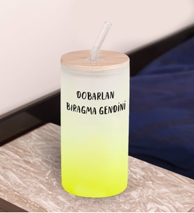 BK Gift Dobarlan Tasarımlı Sarı Renk Pipetli Buzlu Cam Bardak 600ml - 3, Arkadaşa Hediye, Doğum Günü Hediyesi