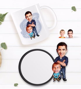 BK Gift Kişiye Özel Baba Oğul Karikatürlü Beyaz Kupa ve Ahşap Bardak Altlığı Hediye Seti-2