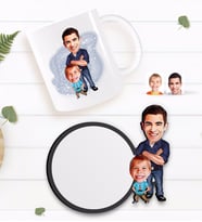 BK Gift Kişiye Özel Baba Oğul Karikatürlü Beyaz Kupa ve Ahşap Bardak Altlığı Hediye Seti-2