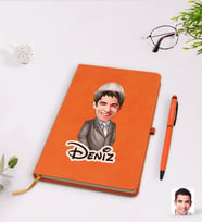 BK Gift Kişiye Özel Erkek Mühendis Karikatürlü Turuncu Termo Deri Defter Kalem Seti Model 1