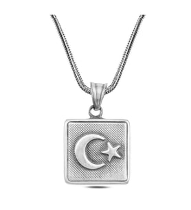 925 Ayar Gümüş Eskitme Ayyıldız İşlemeli Gümüş Kare Cevşen Model Erkek Kolye