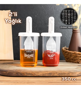 Porsima 0520 2'li Etiketli Silikon Fırçalı Yağlık - Sosluk-Yağdanlık Erzak Saklama Kabı 350cc - Beyaz
