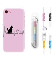 Apple iPhone 5 6 7 8 Plus Se XR Kılıf Kablo Koruma Spiral Silikon Pink Cat Heart 1303