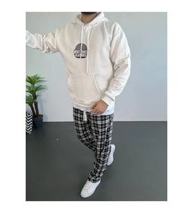 Erkek 3 İplik Pamuklu Kapüşonlu Baskılı Cepli Oversize Sweatshirt Hoodie - Beyaz