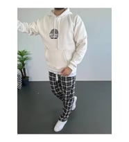 Erkek 3 İplik Pamuklu Kapüşonlu Baskılı Cepli Oversize Sweatshirt Hoodie - Beyaz