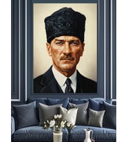Atatürk Kalpaklı Siyah Beyaz Dekoratif Kanvas - Mdf Ahşap Tablo