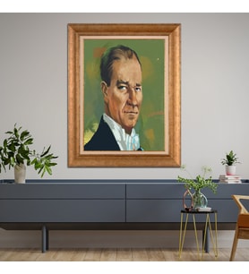 Altın Paspartulu Atatürk  Çerçeveli Tablo C654 (Gold)