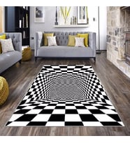 Siyah Beyaz Dama Desenli 3D Yıkanabilir Kaymaz Taban Leke Tutmaz Modern Salon Halısı ve Yolluk