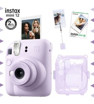Instax mini 12 Lila Fotoğraf Makinesi-10'lu Film-Kıskaçlı Resim Standı ve Simli Pleksi Kılıf Seti
