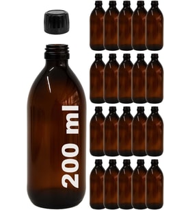 Amber Ecza Şişesi, 200 ml, Kahverengi Cam, Plastik Contalı Kilit Kapak, Hava ve Sıvı Sızdırmaz, 28mm Ağız Çaplı, Parfüm Demlemek İçin Uygun, 20 Adet (200 ml, Siyah Kapak)