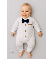 BABYDEN'S Minik Patron Papyonlu Erkek Bebek Tulum – Düğmeli Tasarım, Uzun Kollu %100 Pamuk Yenidoğan Tulumu (Lacivert)