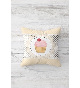 Cupcake Desenli Çift Tarafı Baskılı Gizli Fermuarlı Yastık Kılıfı Kırlent Koltuk Yastık Kılıfı (Beyaz-Krem)