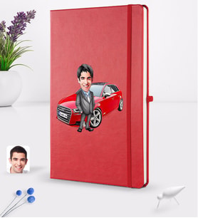 BK Gift Kişiye Özel Plakalı Erkek Audi A3 Karikatürlü Kırmızı Termo Deri Defter 16x24cm Model 2