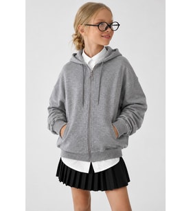 Basic Kapüşonlu Fermuarlı Unisex Çocuk Okul Hırka - Açık Gri