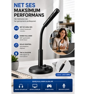 Masaüstü PC Mikrofonu 3.5 mm Jack Esnek Boyunlu Açma Kapama Tuşlu Oyun Yayın ve Ders Mikrofonu Siyah Tak-Çalıştır