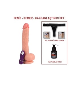 26 cm Belden Bağlamalı Titreşimli Realistik Dildo Penis Set