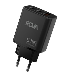 Rova SB120 67W 3 Port (2x Type-C + 1x USB-A) PD Hızlı Şarj Adaptörü – Güvenlik Sertifikalı, Siyah
