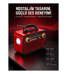Mey İthalat® Nostaljik Görünümlü Ahşap Radyo TF SD USB Girişli Led Fener Işıklı