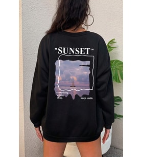 Unisex Sunset Baskılı Bisiklet Yaka Sweatshirt (Siyah)