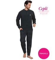Guava Erkek 3 Düğme Göğüs Cepli Kışlık Pamuklu Selanik Kumaş Uzun Manşetli Kol Cepli Pijama Takımı (Koyu Yeşil)