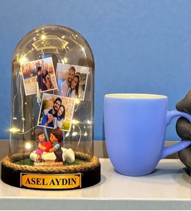 Size Özel Tasarım Led Işıklı Fanus ve Turkuaz Kupa Bardak Hediye Seti (Model 10)