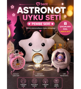 Astronot Uyku Seti Çocuk Hediye Seti USB Şarjlı Nemlendirici Astronot Projeksiyon Gece Lambası Pilli Astronot Çalar Saat Yıldız Yastık 4'lü Set Pembe Seri
