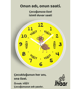 İsme Özel Gözlüklü Arı Çocuk Odası Duvar Saati Orta Boy 30 cm Beyaz Camlı Sessiz