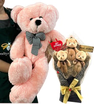 Büyük Boy Pembe Peluş 80 cm Ayıcık ve Kişiye Özel İsimli 3'lü Kahve Peluş Ayıcık Buketi