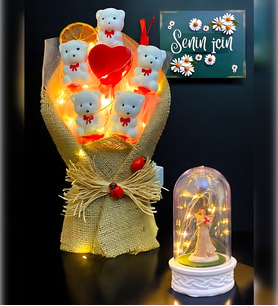 Premium Hediye Seti  Led Işıklı Şans Melekli Fanus ve Led Işıklı Ayıcık Buketi