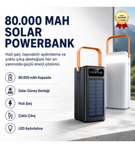 80.000 Mah Solar Güneş Enerjili Powerbank Hızlı Şarj Taşınabilir Aydınlatma Çoklu Çıkış