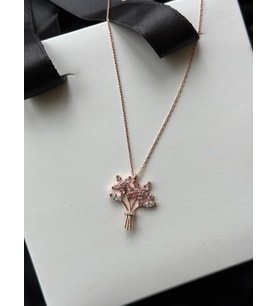 925 Gümüş Rose Kaplama Pembe Kuvars Buket Kolye