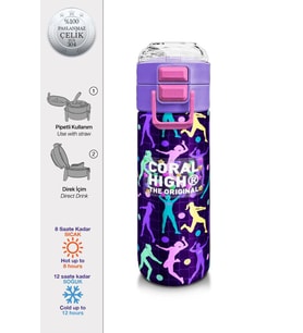 Coral High 500 ml Kız Çocuk Pipetli Termos/Matara - Mor Voleybol Desenli  - Çift Kullanım Özelliği
