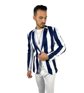 Lacivert Beyaz Şerit Desen Torba Cep Blazer Tek Ceket Slim Fit  Agustini