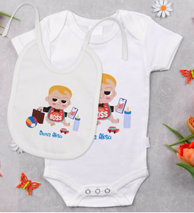BK Kids Kişiye Özel Little Boss Tasarımlı Bebek Body Zıbın ve Mama Önlüğü Hediye Seti - Model 1