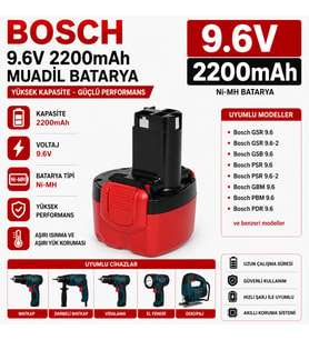 BOSCH GLI 9.6V, GLI 9,6V ile Uyumlu Muadil Matkap Bataryası