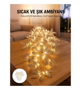 Mey İthalat® Gümüş Yaprak Tasarımlı LED Işık Pilli Ev ve Vitrin Dekoru