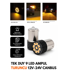 Tek Duy 9 Led Ampul Turuncu Geri Vites Led Ampulü 12V-24V Canbus 1156 ba15s p21w