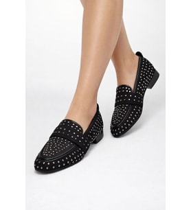Mery Ceyn Taşlı Küt Kare Loafer Şık Babet (Siyah Beyaz)