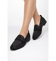 Mery Ceyn Taşlı Küt Kare Loafer Şık Babet (Siyah Beyaz)