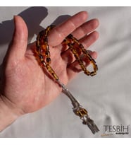 Fosilli Damla Kehribar Tesbih 925 Ayar Gümüş püsküllü