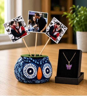 Kişiye Özel Hediye Seti 3 Fotoğraflı Mavi Baykuş Saksı ve Kelebek Kolye